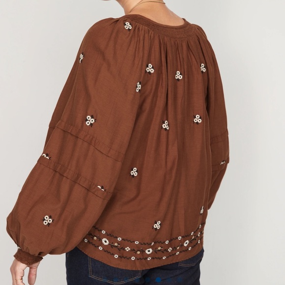 Floral-Embroidered Smocked Tie-Neck - Picture 3 of 7